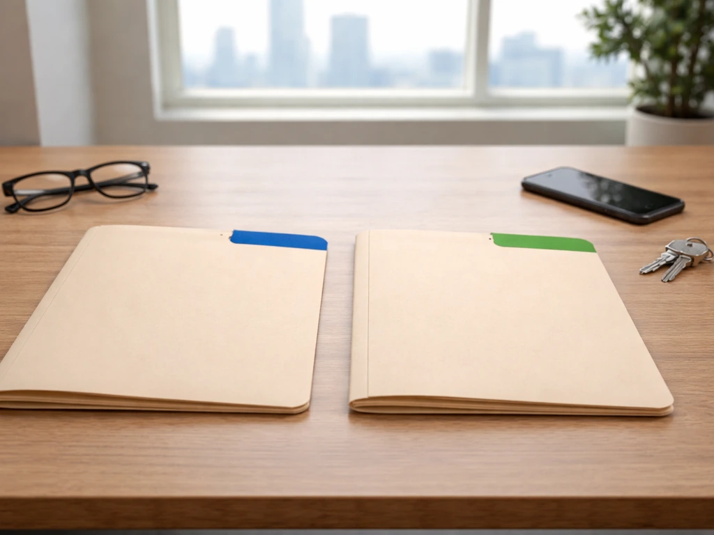 Two empty folders labeled only by color tabs, with business documents and a blurred city backdrop for name disambiguatio