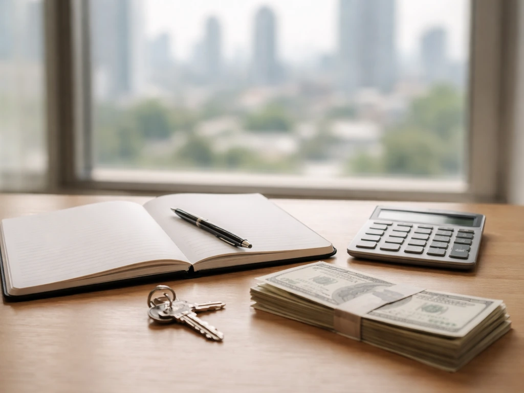 Minimal desk scene with calculator, notebook, cash, and keys symbolizing assets and liabilities