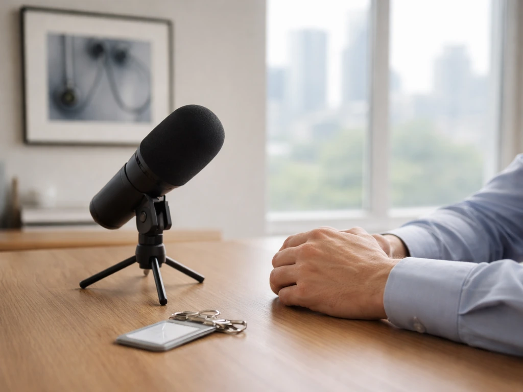 Anonymous hands at a desk with a microphone, suggesting speaking and industry licensing payments.