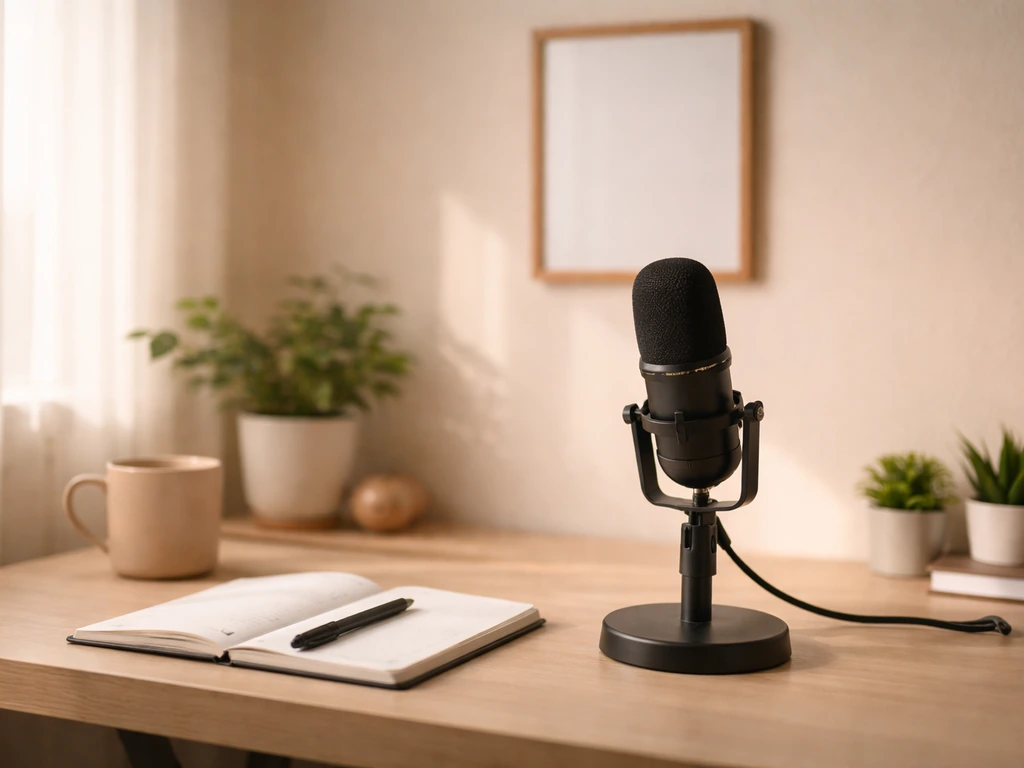Minimal photo of a mental health professional–style office with a microphone and soft lighting, suggesting media presenc