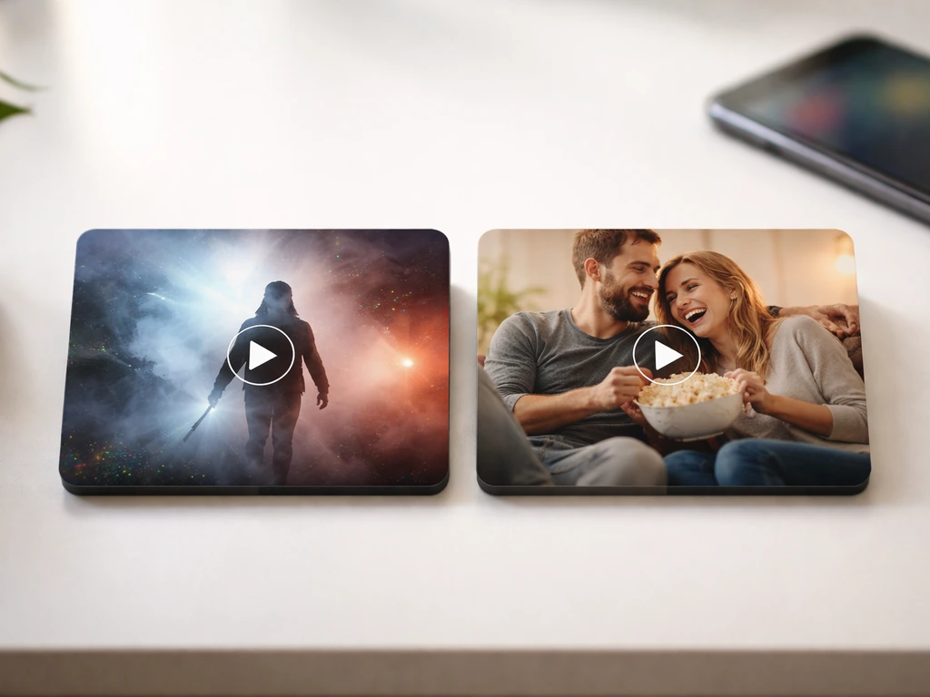 Minimal side-by-side media tiles on a desk suggesting TV and streaming income sources.