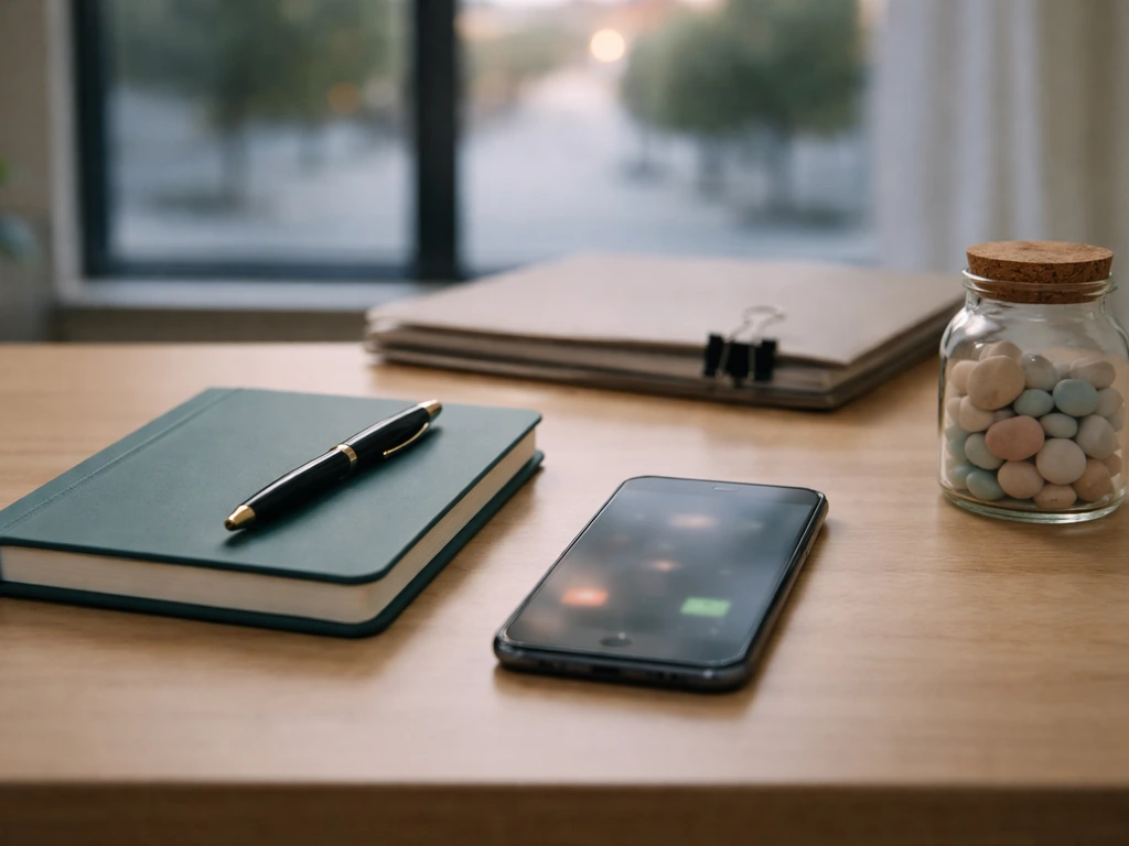 Minimal investor desk with pen and notebook beside a blurred smartphone, teal calm tones, no text