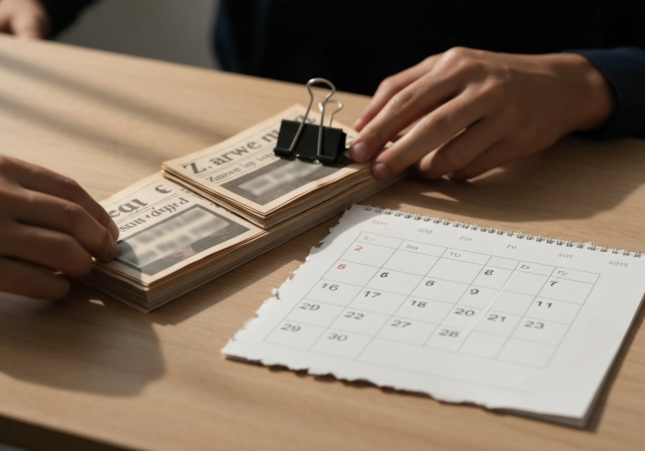 Minimal photo of a desk with scattered old-looking financial clippings and a single binder clip, hinting at identity mix