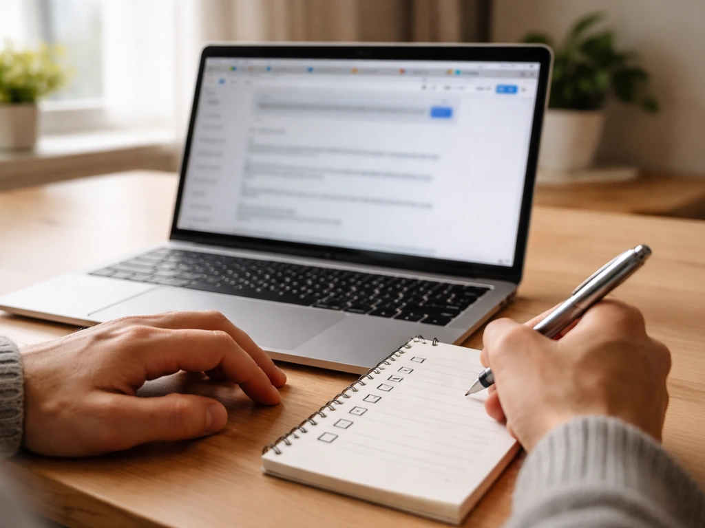 Hands checking a finance verification checklist beside a laptop with blurred search results.