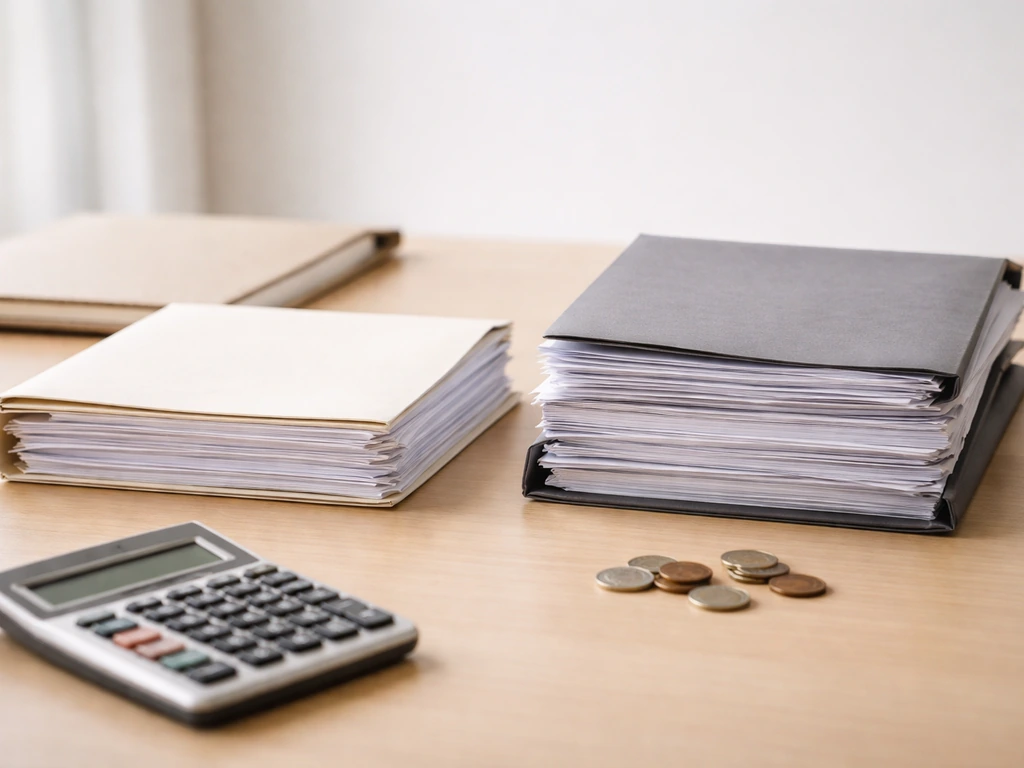 Minimal desk scene with scattered valuation documents and a calculator beside coins, suggesting differing financial esti