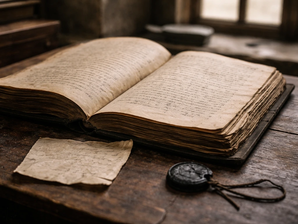 Close-up of an aged notary ledger and wax seal on a wooden desk, evoking medieval record verification.