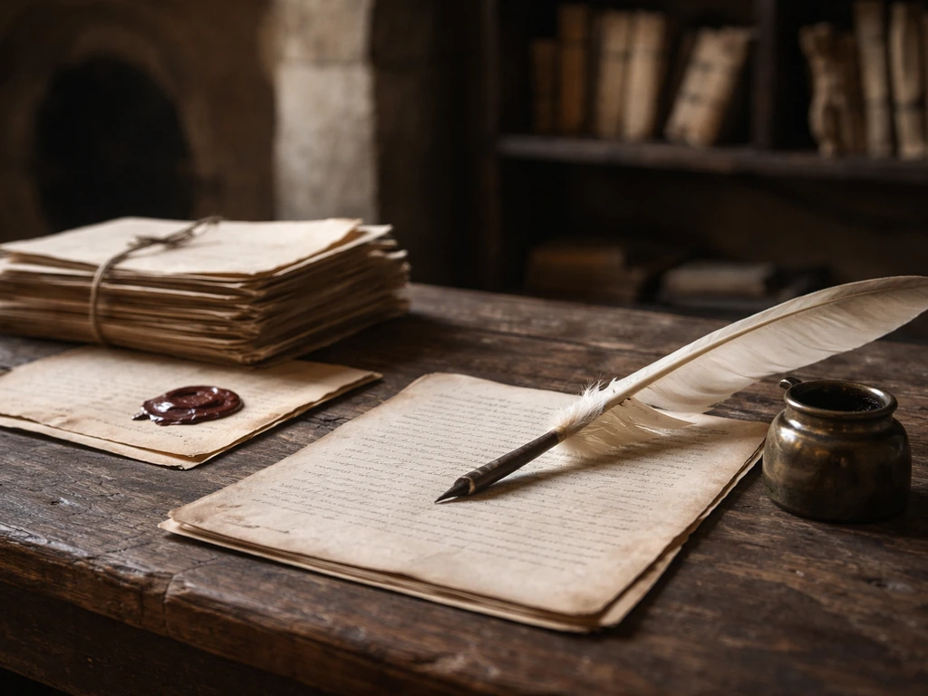 Weathered notary desk with parchment, quill, and wax seal in a medieval office setting.