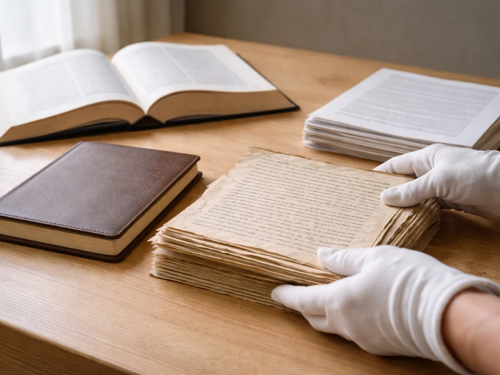 Person sorting old manuscripts and a reference book on a desk, representing primary vs secondary sources.