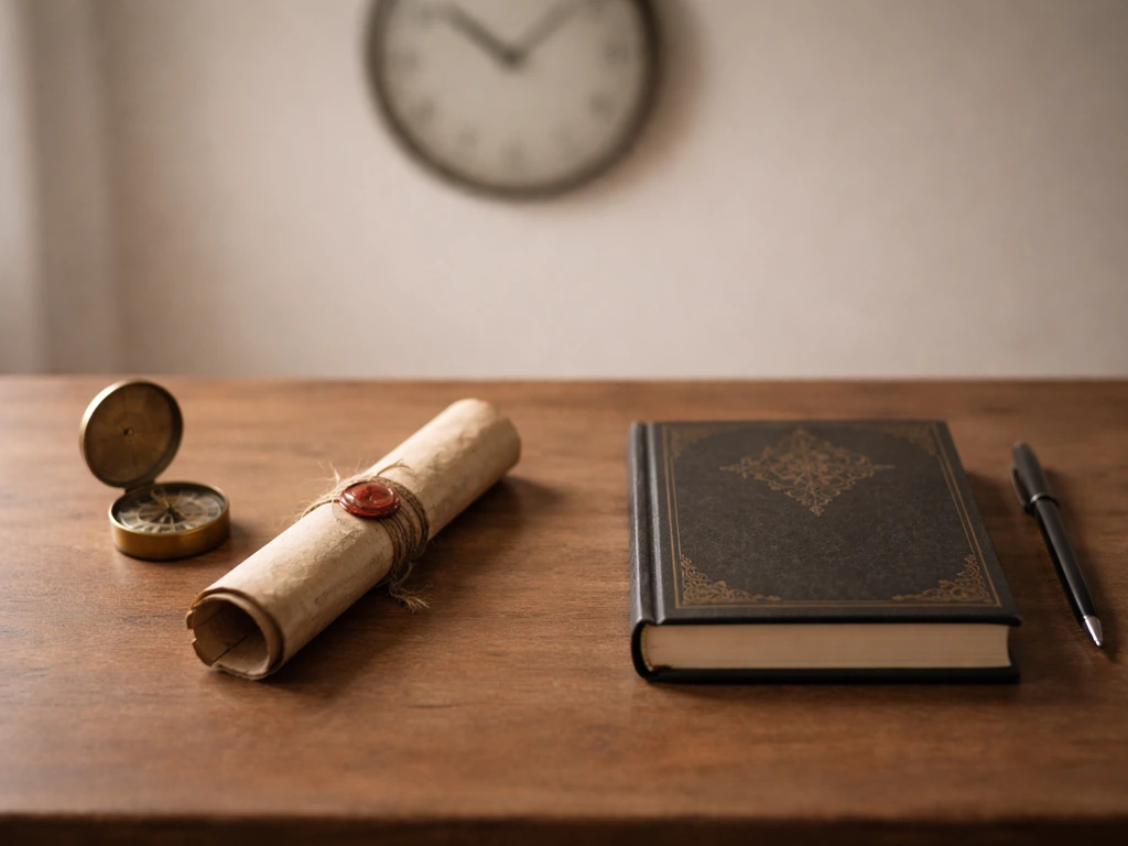 Minimal desk scene contrasting an antique parchment scroll with a dark fantasy novel.