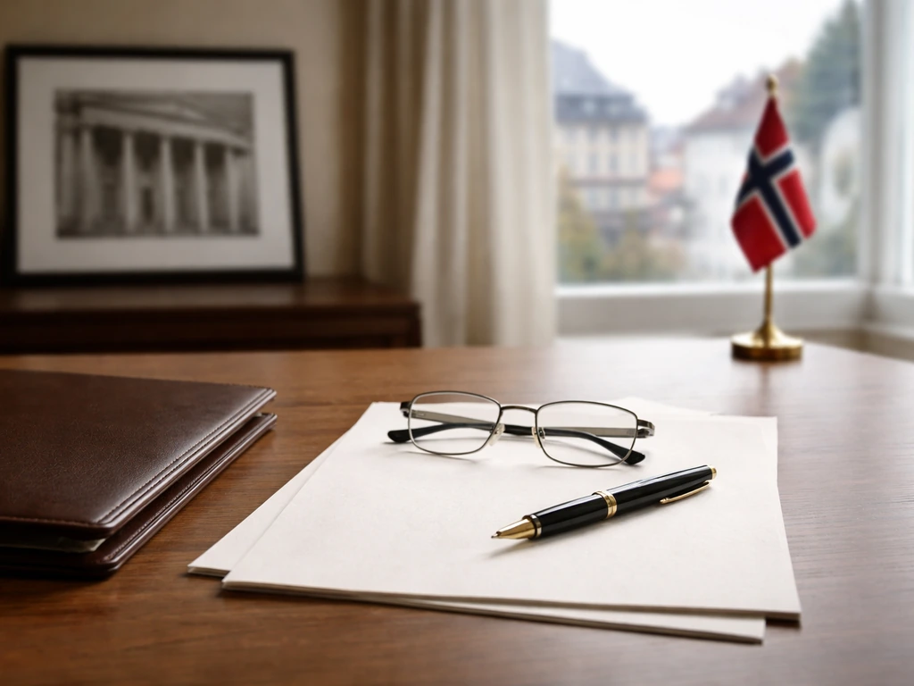 Minimal law office desk with blank documents, pen, and Norway-themed decor in natural light.