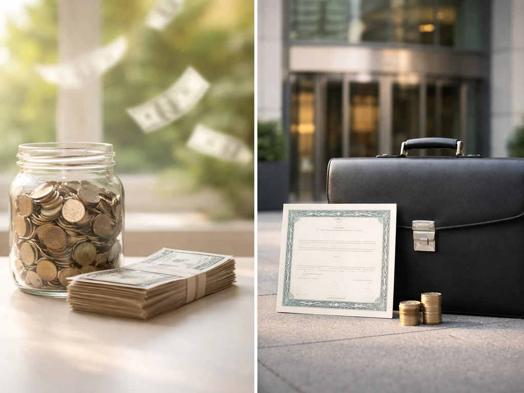 Minimal split image showing dividends/cash flow and equity stake concept with blurred corporate office and coins