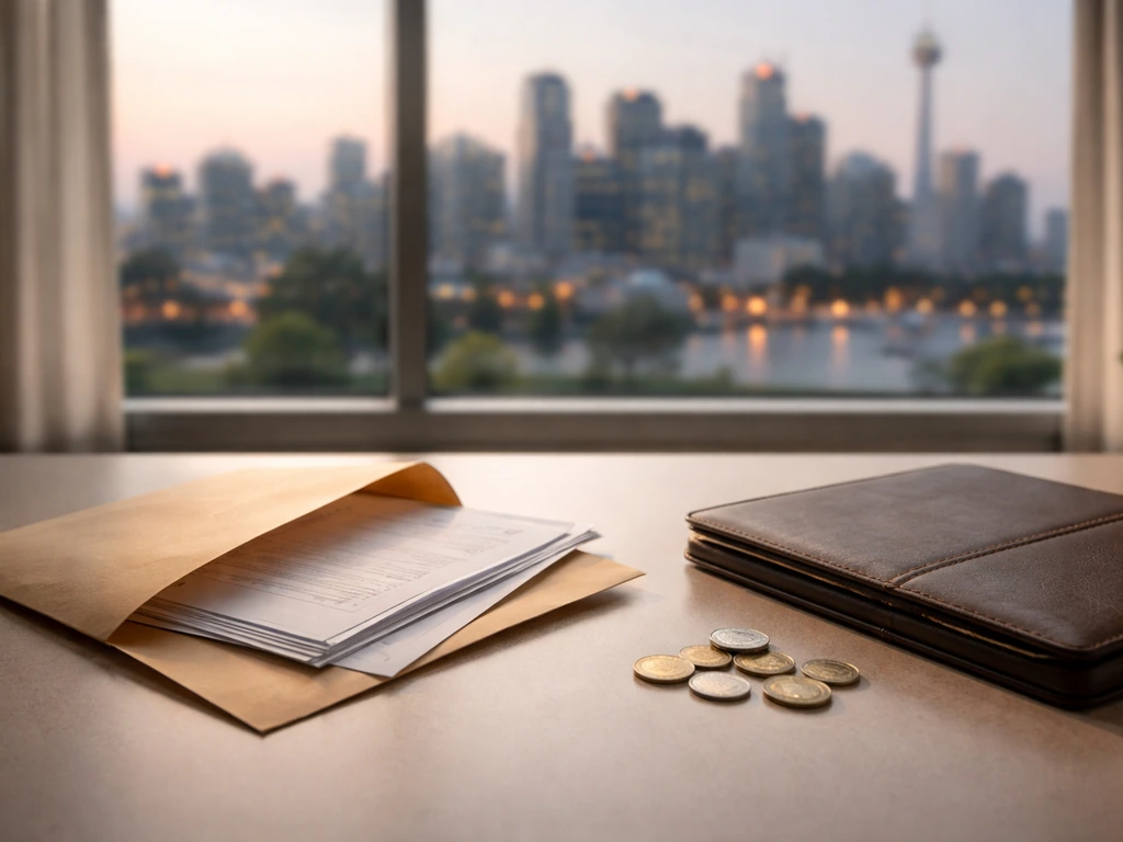 Canadian city skyline at dusk with an out-of-focus envelope and coins on a desk, symbolizing net-worth verification.