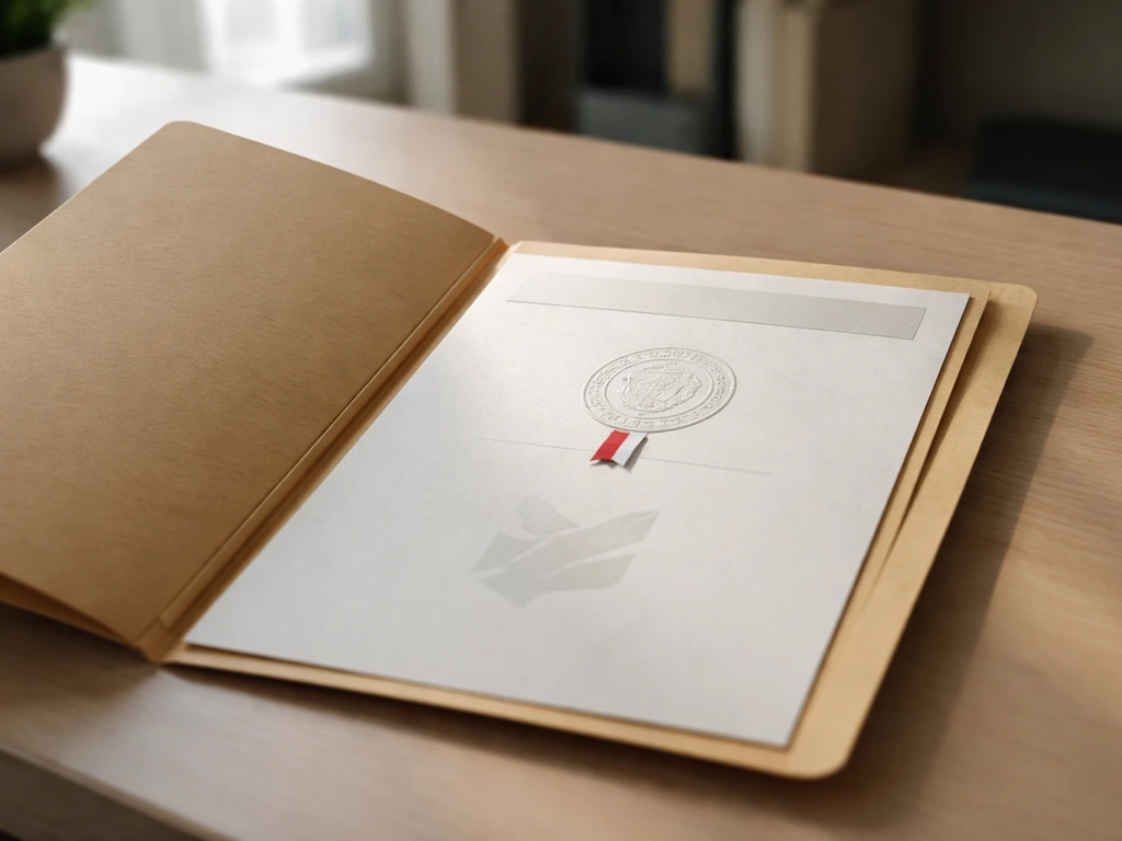 Close-up of an official-looking document folder and Canadian not-for-profit style seal motif