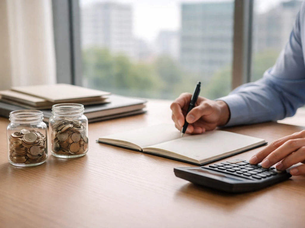 Desk scene with calculator and blank notebook, coin jars symbolizing assets versus liabilities.