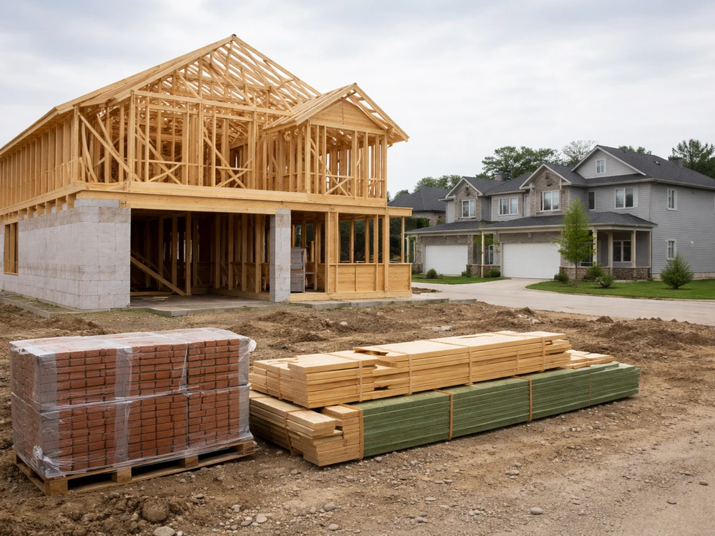 Quiet new-home construction site with materials and a partially framed house in a Canadian suburb.