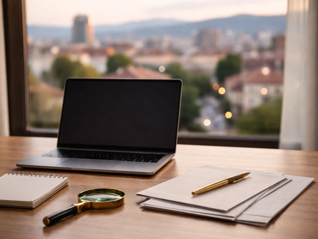 Neutral wealth-research scene with a Balkan city skyline backdrop and a notebook beside financial papers.