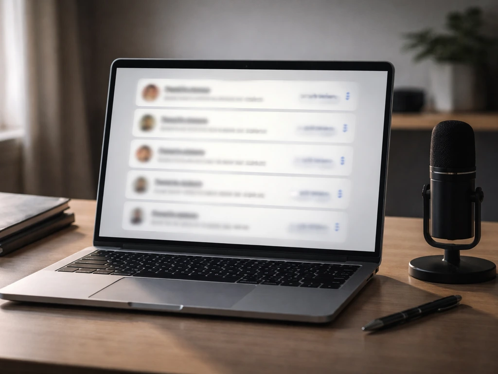 Minimal desk scene showing an anonymous laptop with multiple blurry search-result cards to suggest name disambiguation
