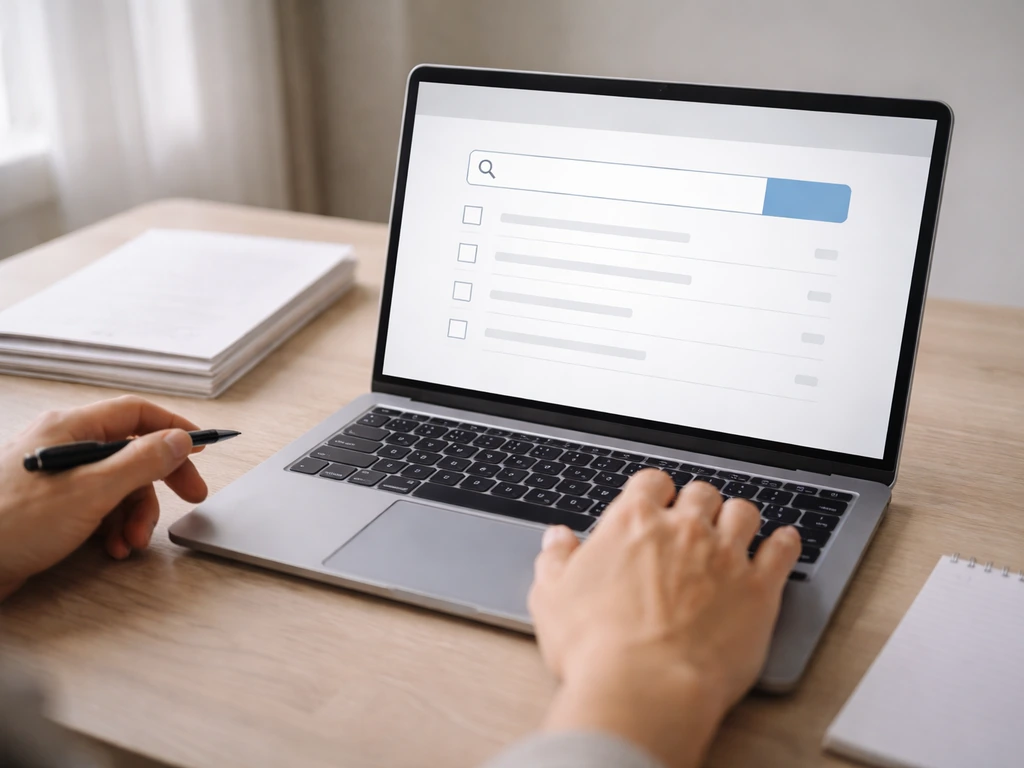 Person reviewing a company registry checklist on a laptop at a desk with a pen and papers.