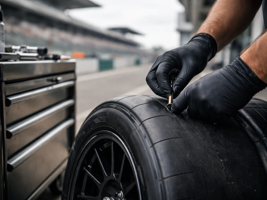 Anonymous gloved hands adjusting a race car tire in a quiet pit lane, motorsport-themed hero image.