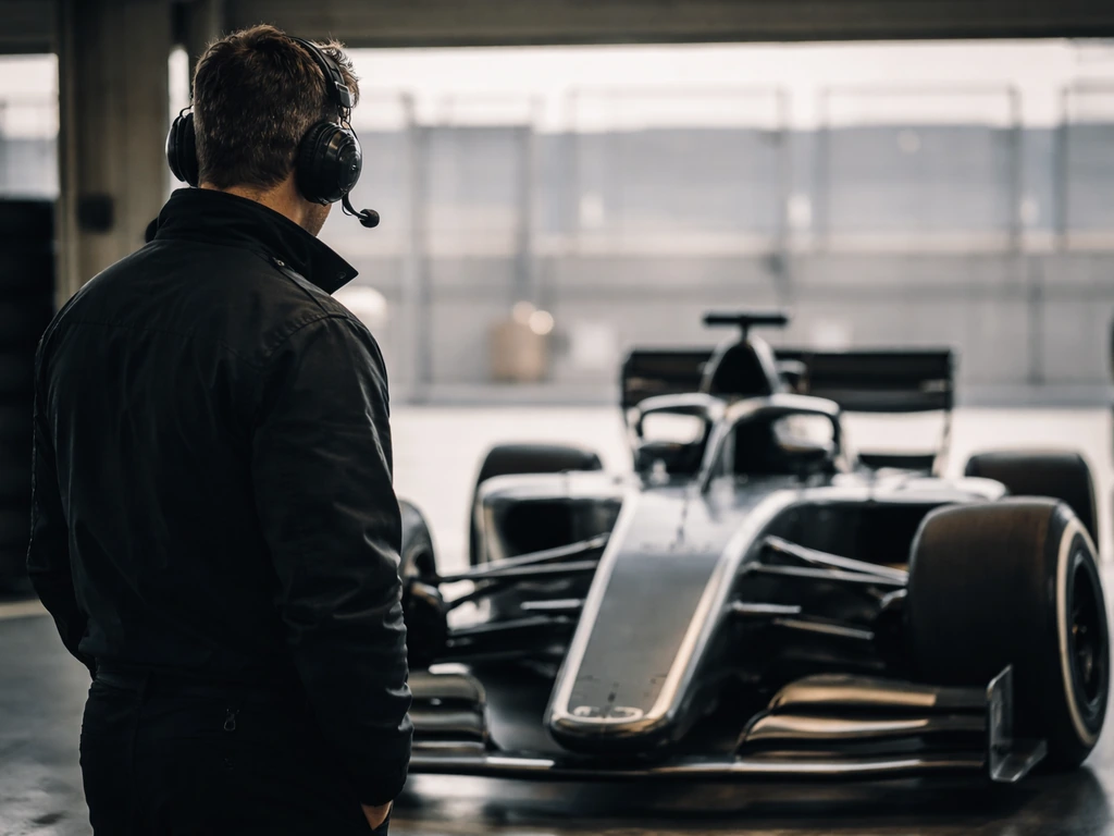 Anonymous motorsport team manager in a pit garage beside a formula race car, headset on.