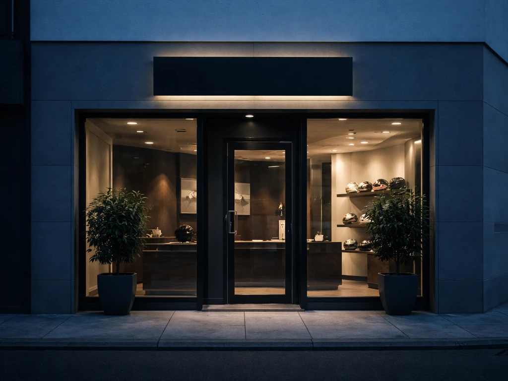 Street-level view of a modern office entrance with subtle company signage for a motorsport management firm.