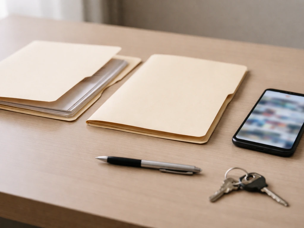 Minimal photo of a desk with two folders and a smartphone showing blurry headlines, symbolizing verify vs rumors.