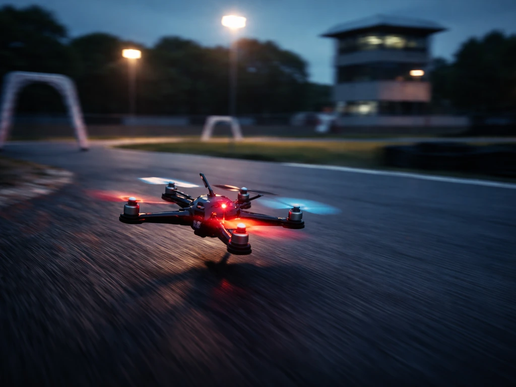 Blurred drone racing action at dusk with a glowing control tower backdrop, suggesting high-tech business value.