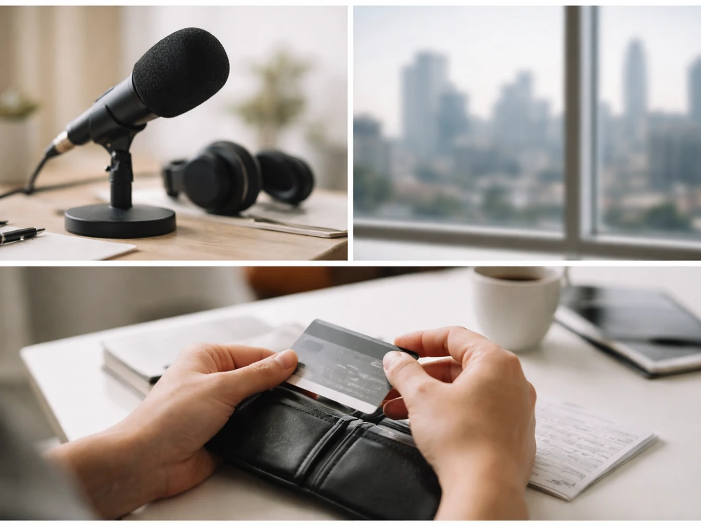 Anonymous studio microphone, skyline window, and a credit card on a desk in a three-panel collage.