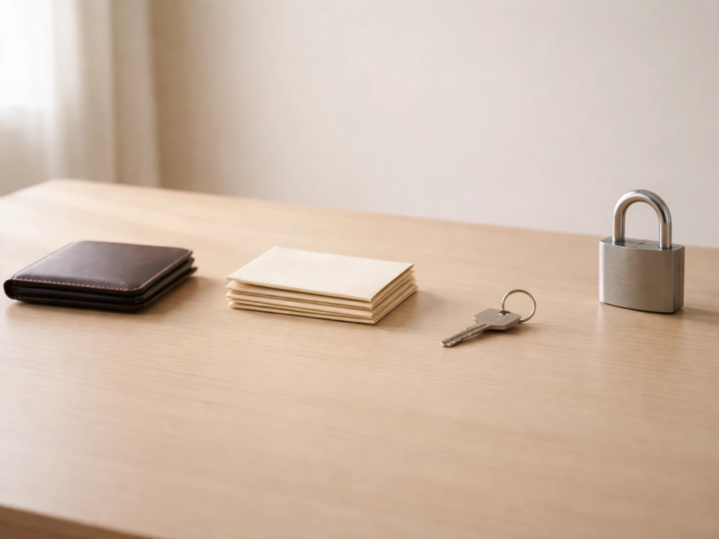 Minimal desk scene with wallet and envelopes beside a padlock, symbolizing assets minus liabilities.
