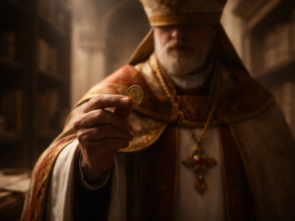 Historic cloaked figure holding a small coin near softly blurred archive and courthouse tones