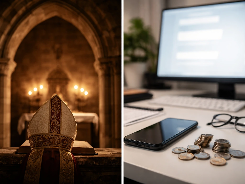 Minimal split-scene showing symbolic bishop imagery and a generic money/media search vibe without text.