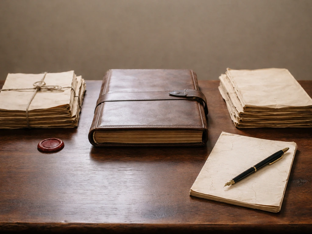 Antique desk with two stacks of parchment and an archive ledger, evoking reliable sources vs unsupported claims.