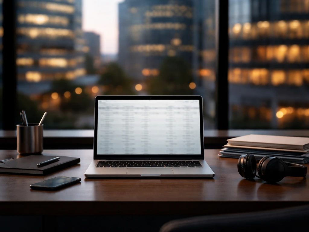 Minimal executive desk with laptop and finance/media props in a corporate office, no people, no text.