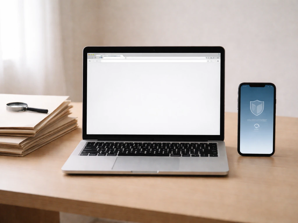 Laptop and phone on a desk with a magnifying glass, suggesting verifying insider filings on a government site.