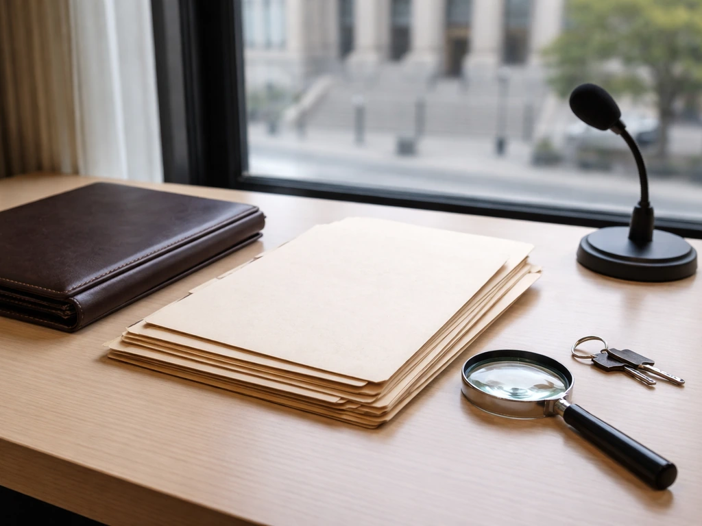 Desk setup with blank public-record folders, magnifying glass, and a courthouse view through a window.