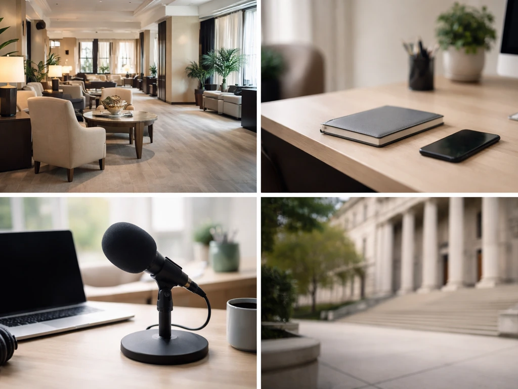 2x2 grid of hotel lobby, office desk, podcast mic setup, and courthouse exterior for identity disambiguation