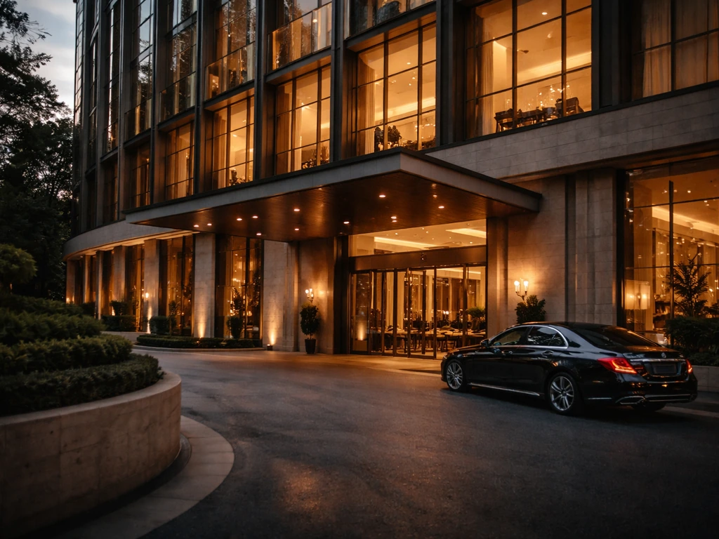 Luxury hotel exterior at dusk with warm lights, symbolizing hospitality leadership and high-end careers