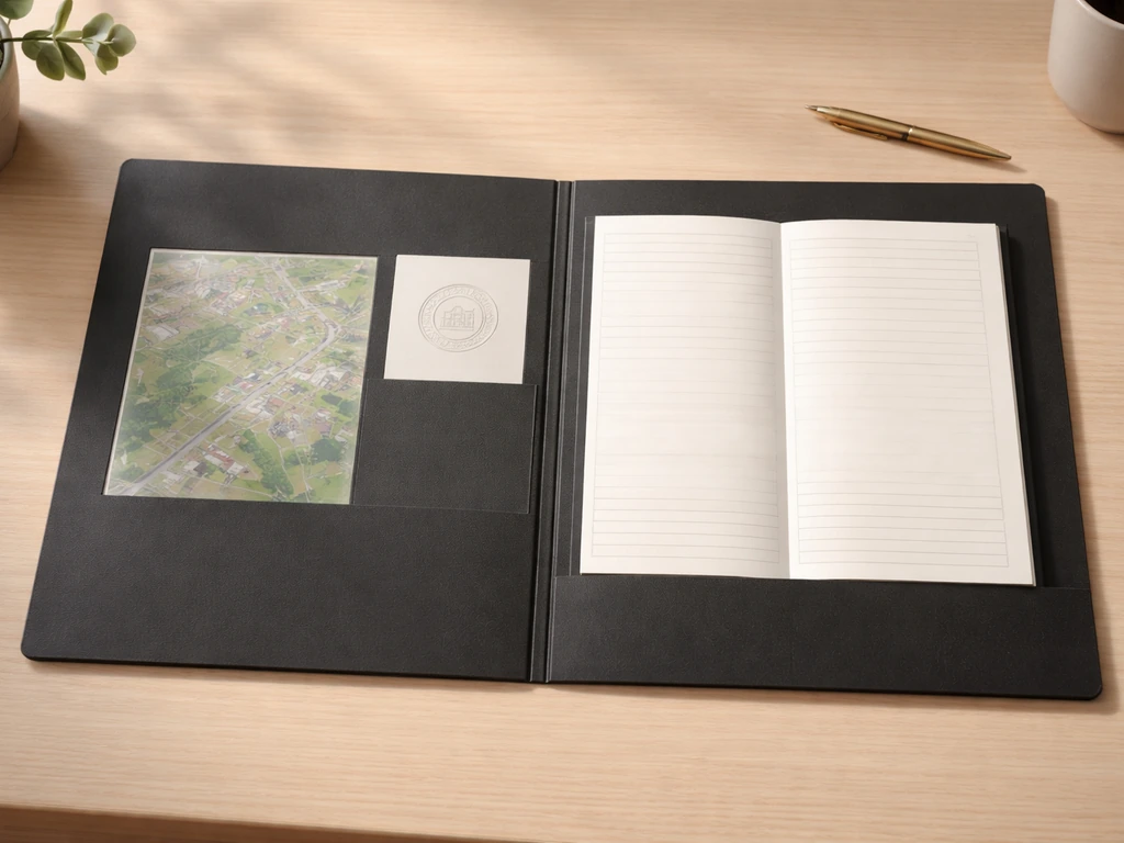 Minimal photo showing a checklist-like asset view: map tile, business icon, and simple blank ledger.