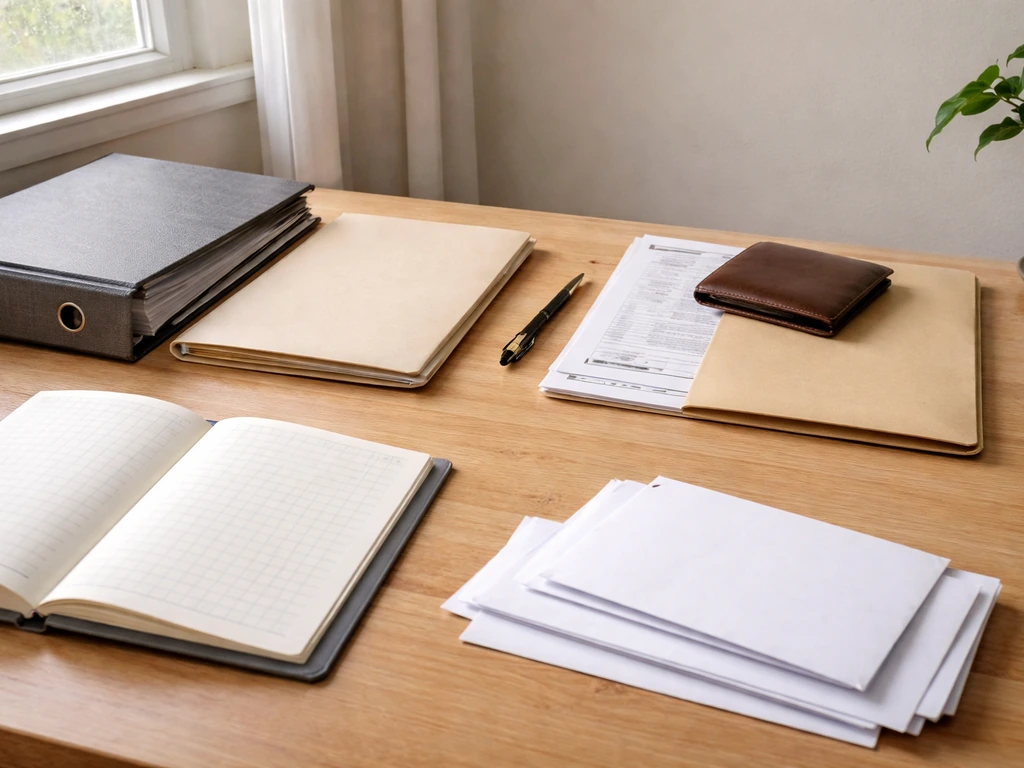 Minimal desk scene with blank mortgage/loan papers and a ledger notebook implying changing liabilities impact.