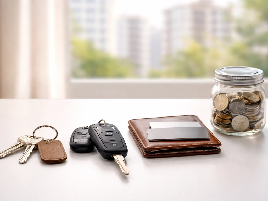 Minimal photo of a desk with car keys, house keys, and a notebook with bank cards, suggesting asset categories.