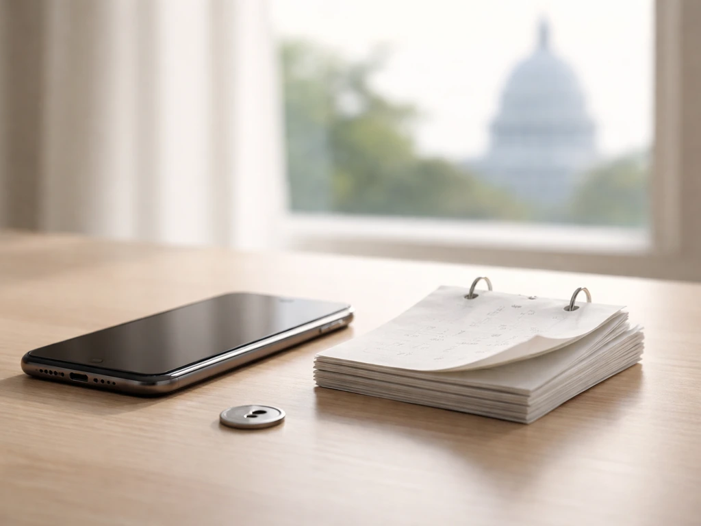Minimal photo of an office desk with a smartphone and calendar pages symbolizing election-cycle updates over time.