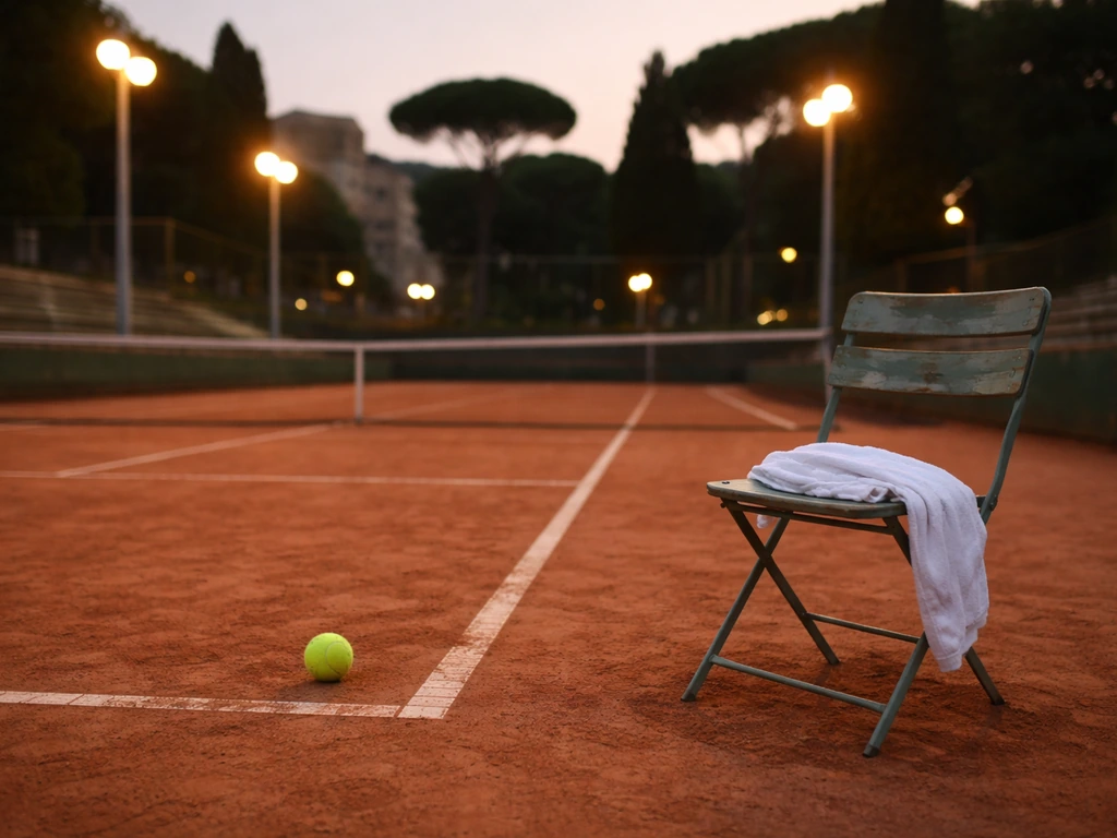 Empty tennis court at dusk with a tennis ball on the baseline, hinting at historic tennis era.