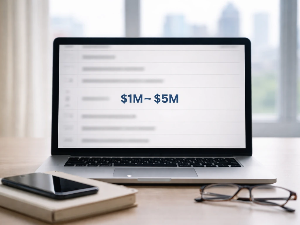 Laptop screen with a simple net-worth range showing $1M–$5M, set on a quiet desk.