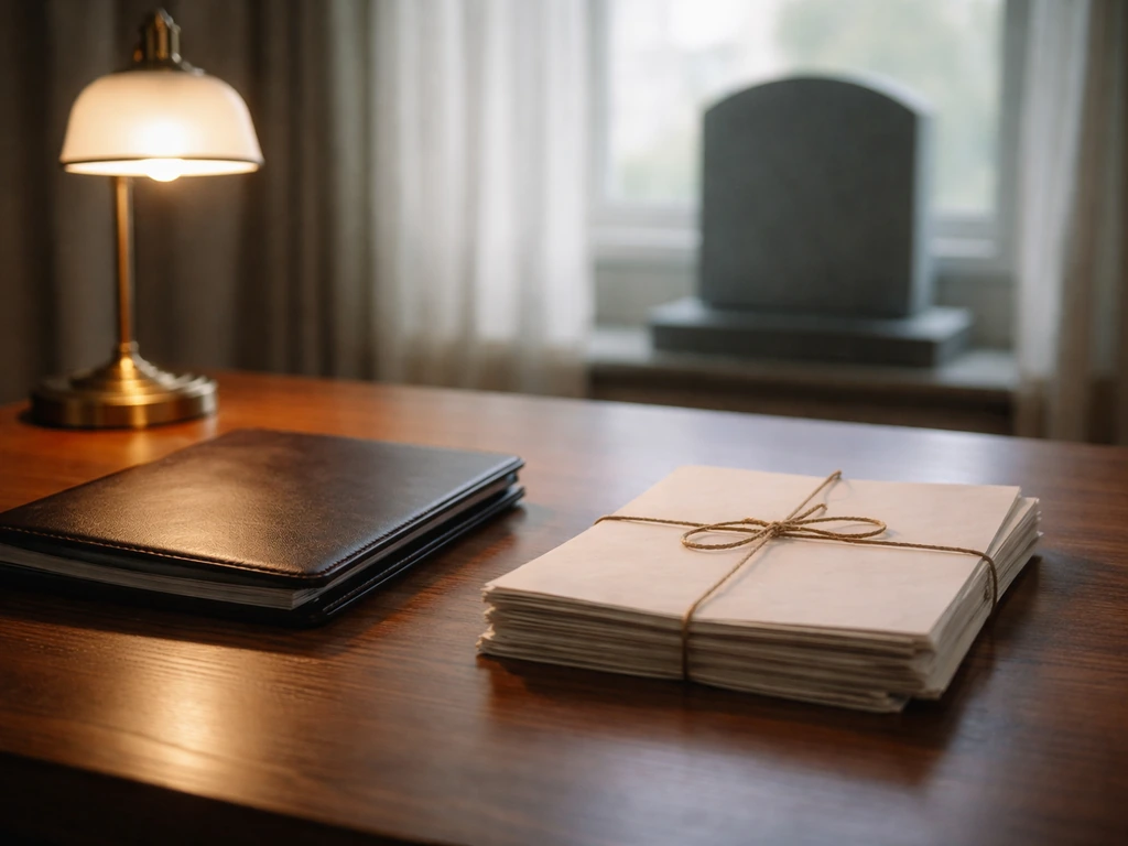 Attorney papers on a desk with a blurred tombstone-like stone near a window, symbolizing estate settlement.