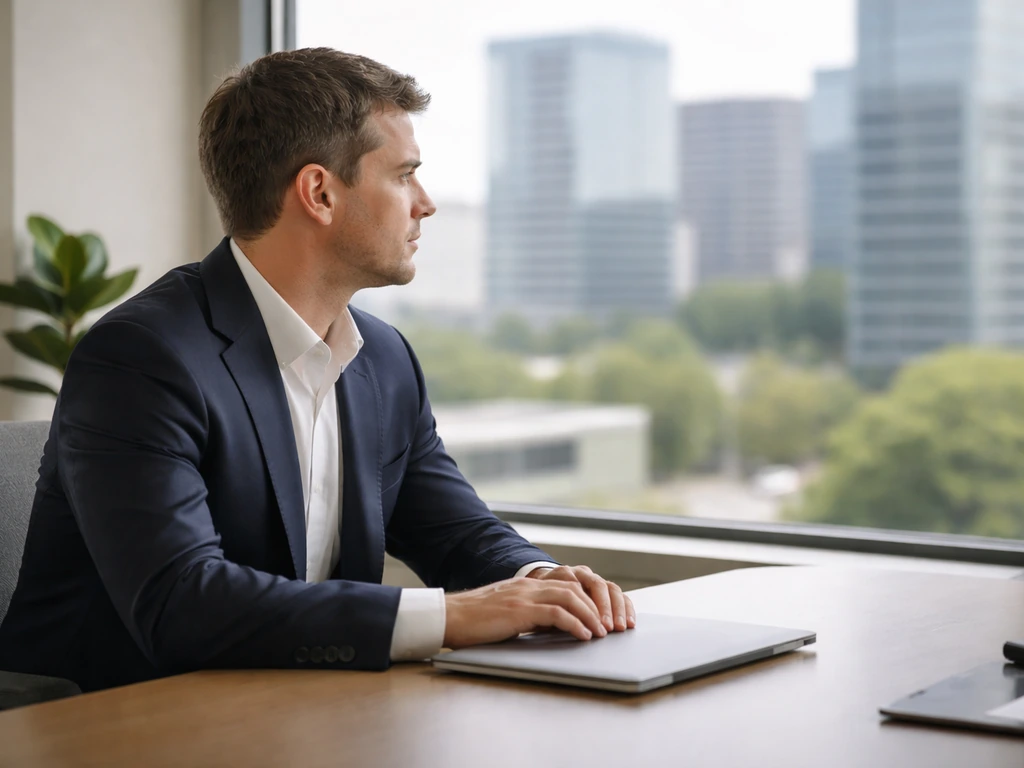 Anonymous business executive in a modern office with a blurred view of the Nestlé-like campus outside
