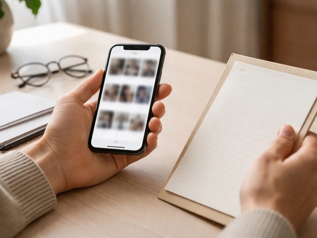 Hands with a smartphone and blank papers on a desk, suggesting comparing identity details from search results.