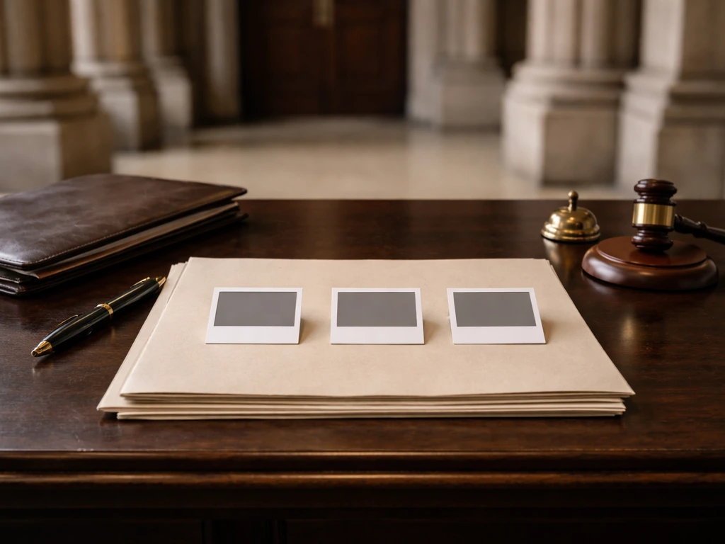 Empty courthouse desk with legal documents and a blank three-card staged timeline suggesting career-to-income.