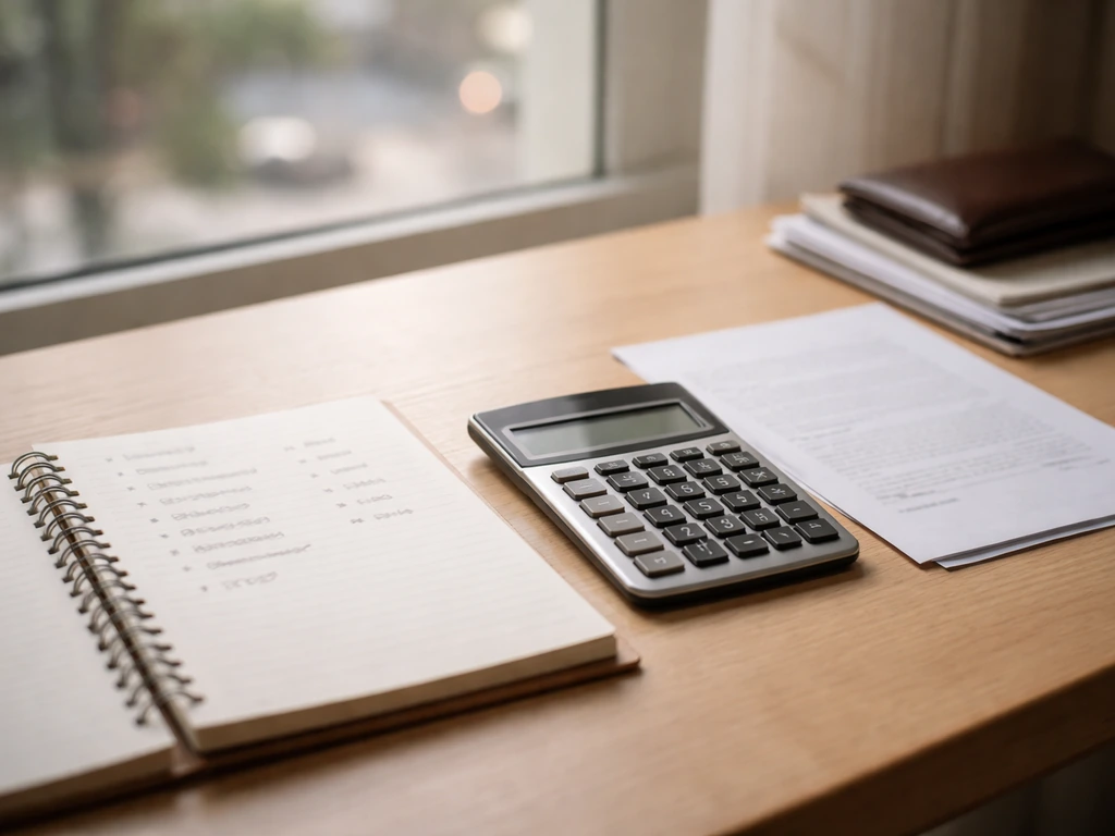 Minimal desk with notebook and calculator symbolizing choosing a defensible net-worth estimate.