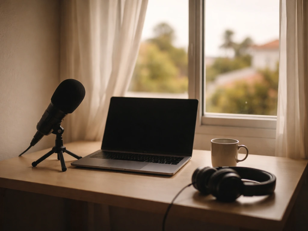 Anonymous content creator at a microphone in a minimal Cyprus studio, laptop closed and Mediterranean light