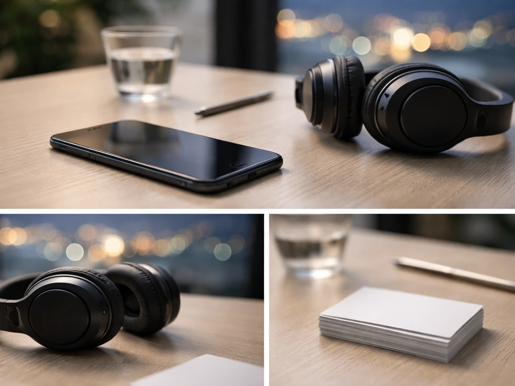 Minimal media workspace with smartphone, headphones, and blank cards symbolizing online alias/name variants.